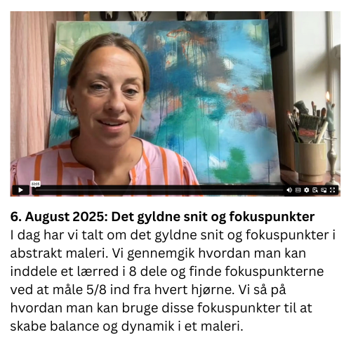 I dag har vi talt om det gyldne snit og fokuspunkter i abstrakt maleri. Vi gennemgik hvordan man kan inddele et lærred i 8 dele og finde fokuspunkterne ved at måle 5/8 ind fra hvert hjørne. Vi så på hvordan man kan bruge disse fokuspunkter til at skabe balance og dynamik i et maleri.